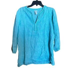 Chicos Top Womens Medium Blue Embellished Split Neck Linen Popover Blouse